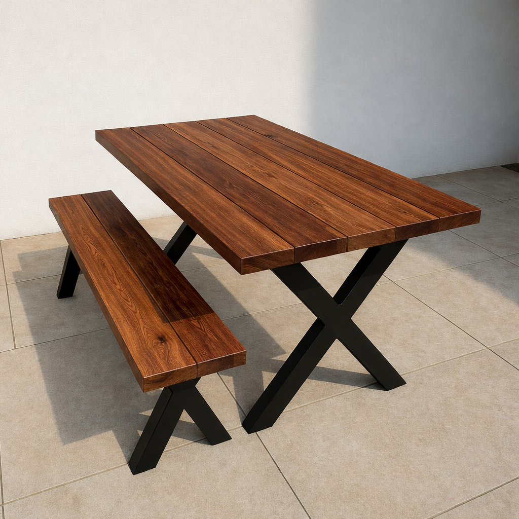 Solid Walnut Outdoor Dining Table & Bench Set