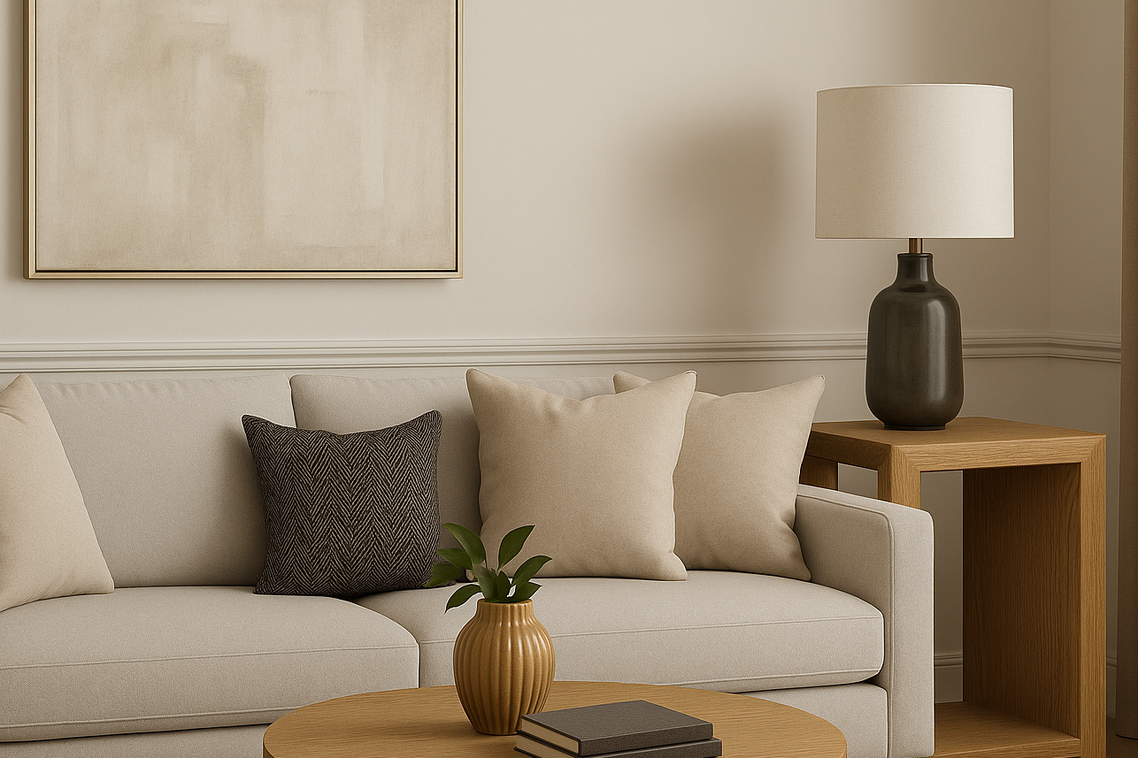 Living room with beige sofa, wooden coffee table, and lamp.