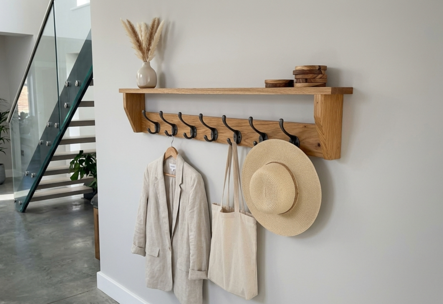 Solid Oak Coat Rack With Shelf