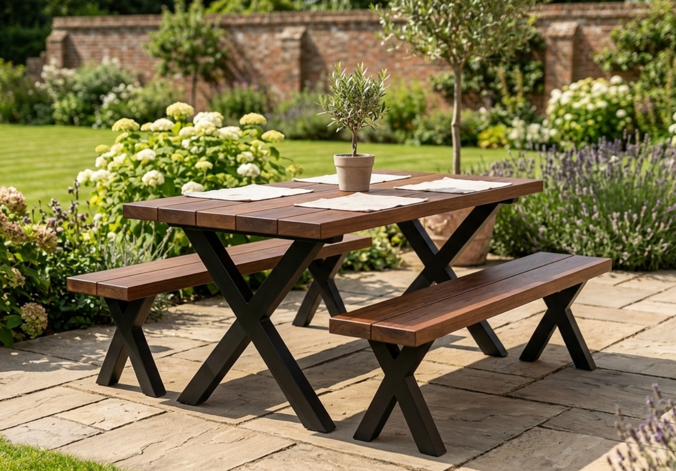 Solid Walnut Outdoor Dining Table &amp; Bench Set