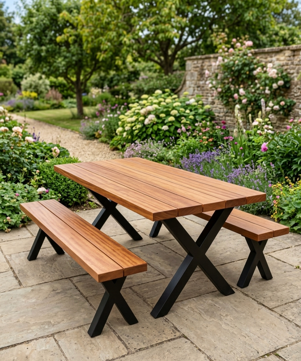Solid Mahogany Outdoor Dining Table &amp; Bench Set