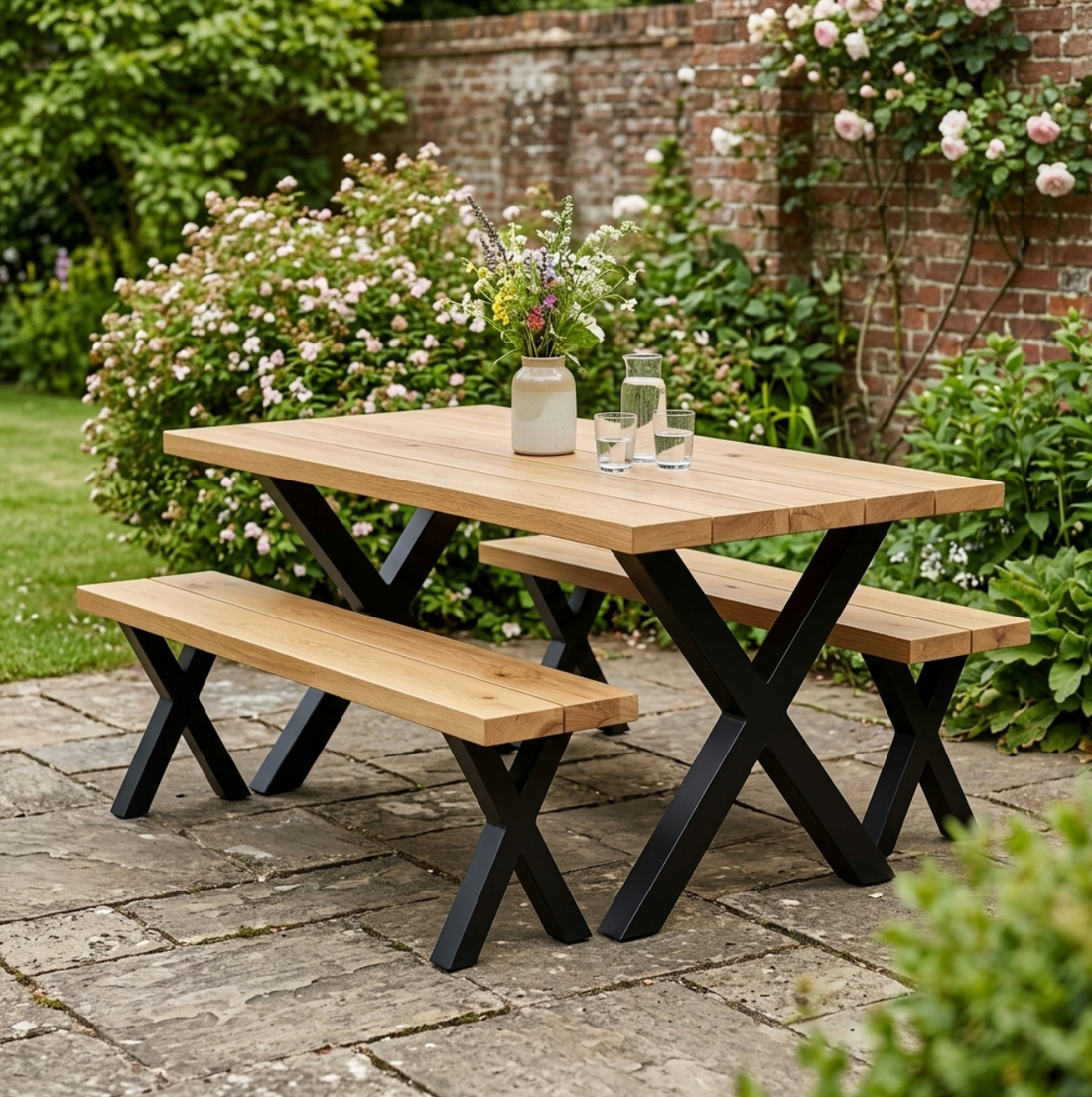 Solid Oak Outdoor Dining Table &amp; Bench Set