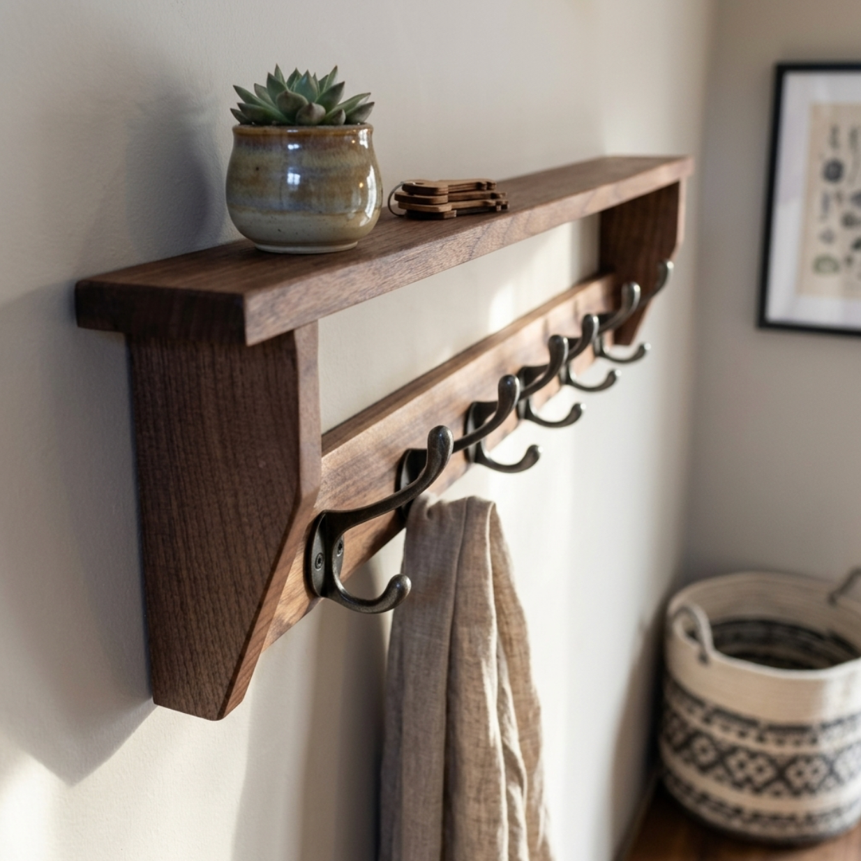 Solid Walnut Coat Rack With Shelf
