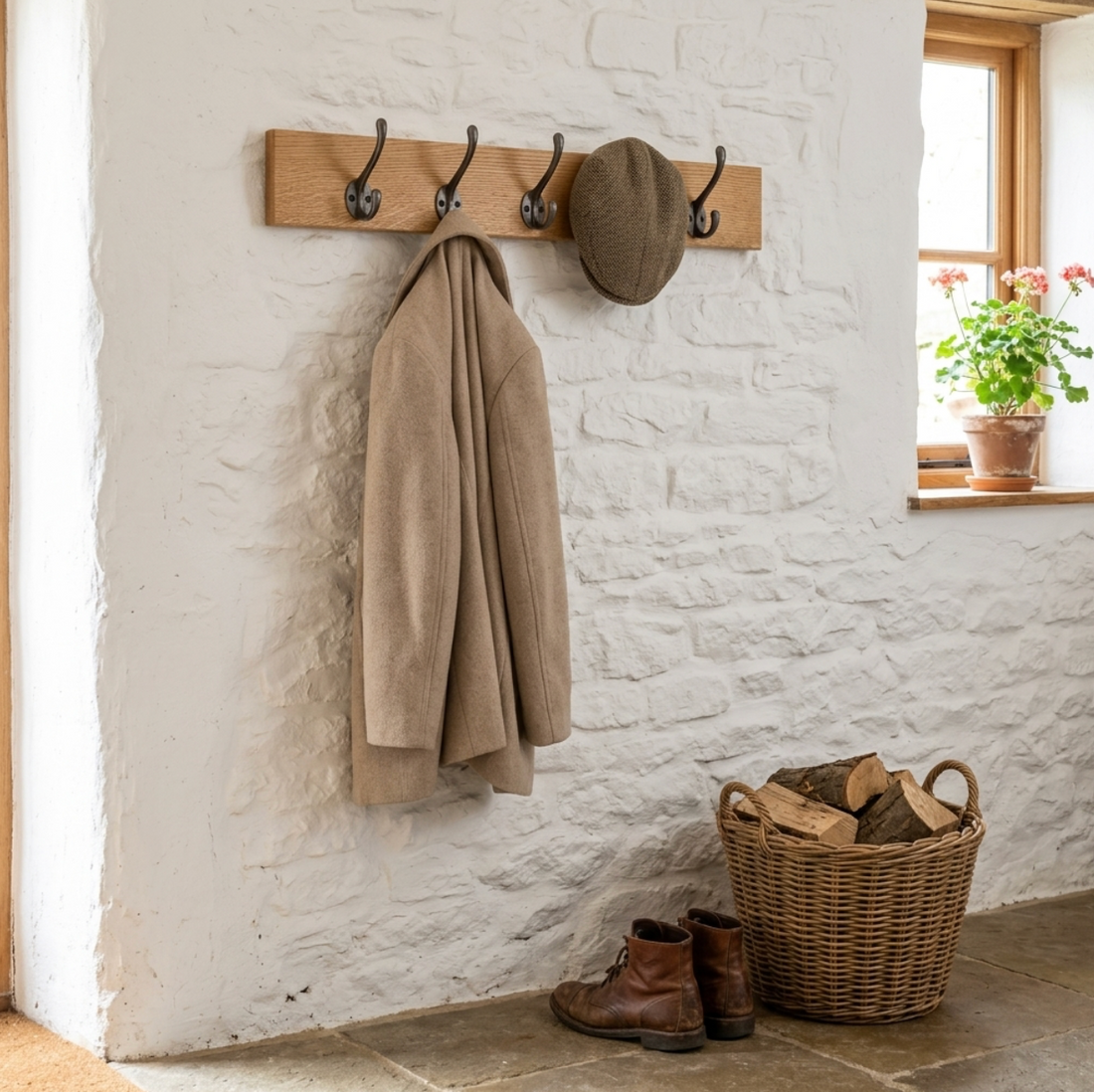 Solid Oak Coat Rack With Cast Iron Hooks