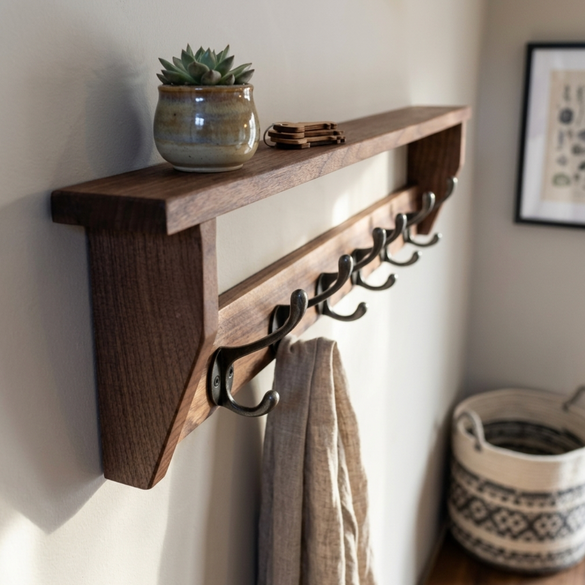 Wooden shelf with hooks and a plant on a wall