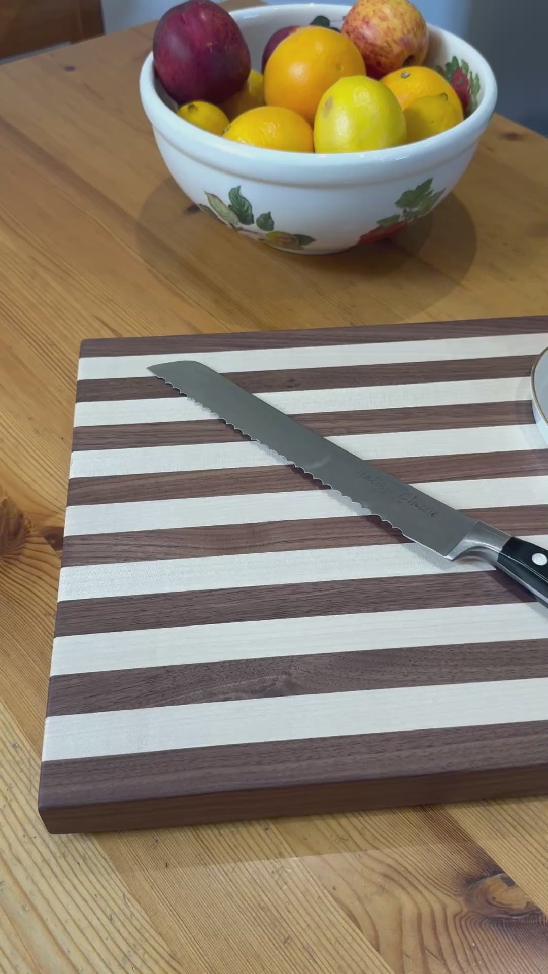 Load video: Walnut &amp; Maple Striped Chopping Board